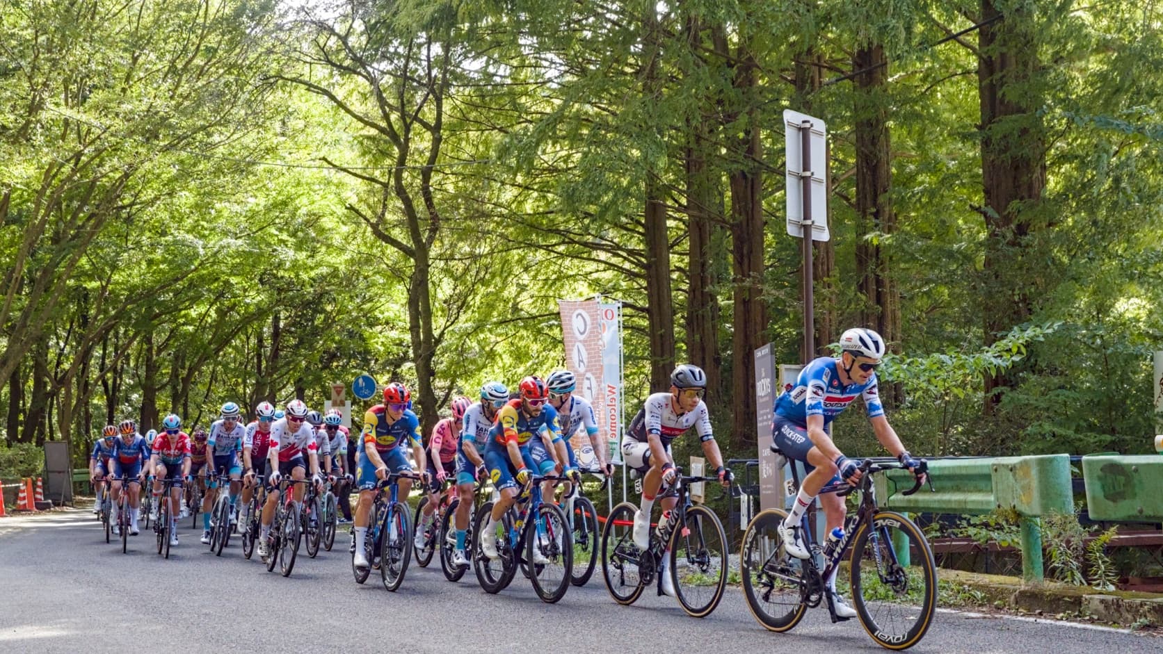 A cycling peloton racing through the countryside